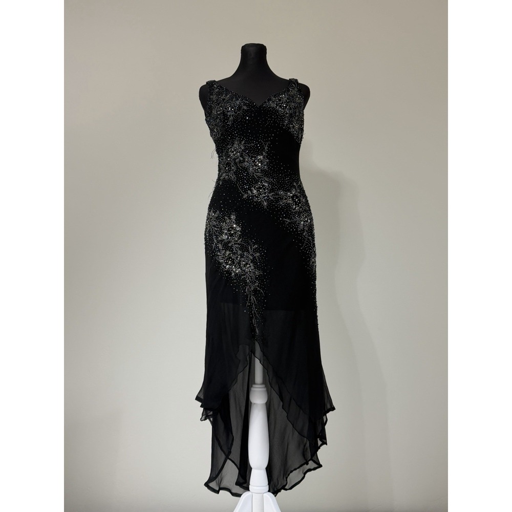 Vtg Marina Black 100% Silk Beaded Asymmetrical Evening Midi Dress Sz 6 Fairy Y2K